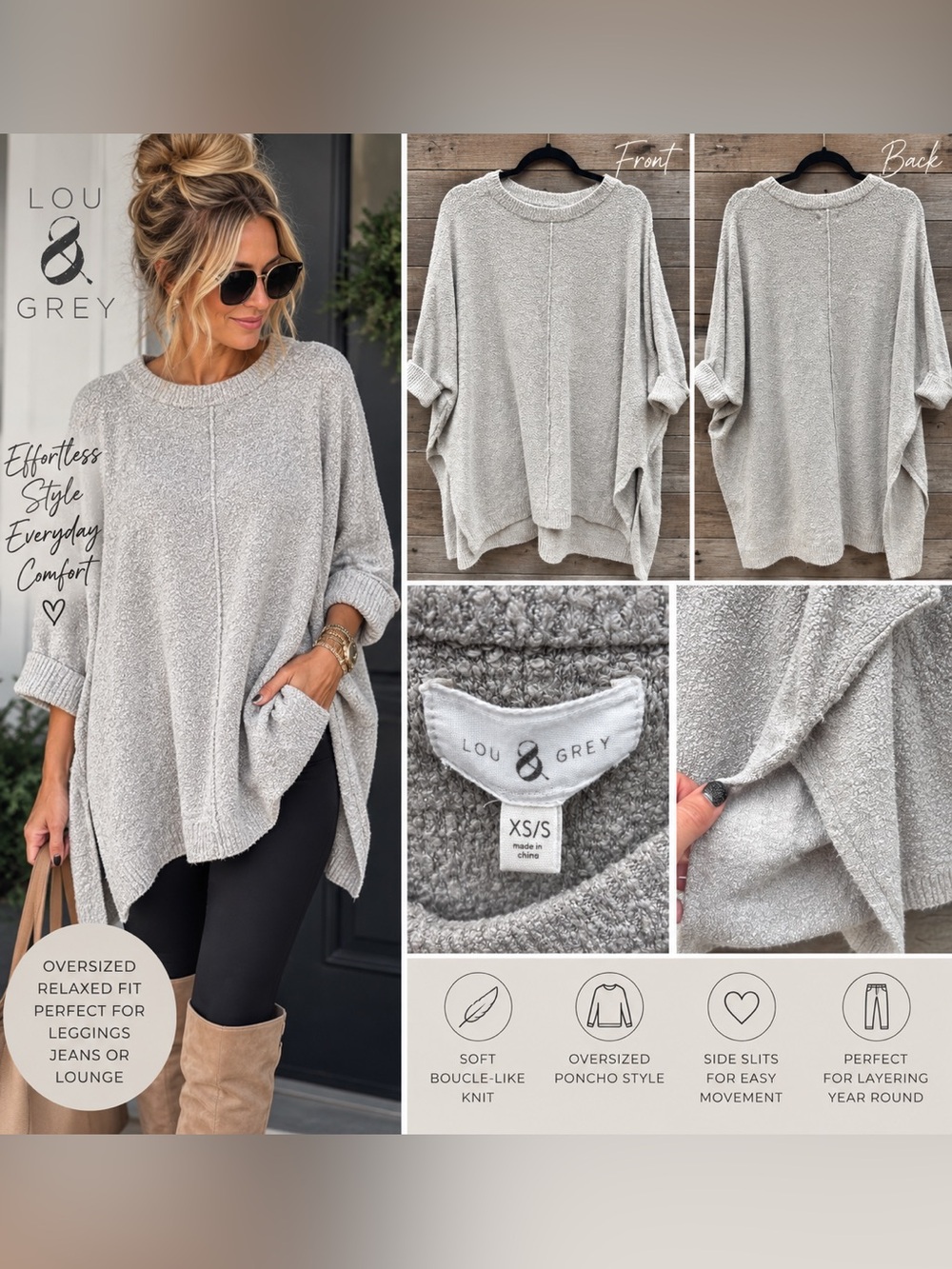 Lou & Grey Oversized Poncho Sweater XS/S Gray Cozy Boucle Knit